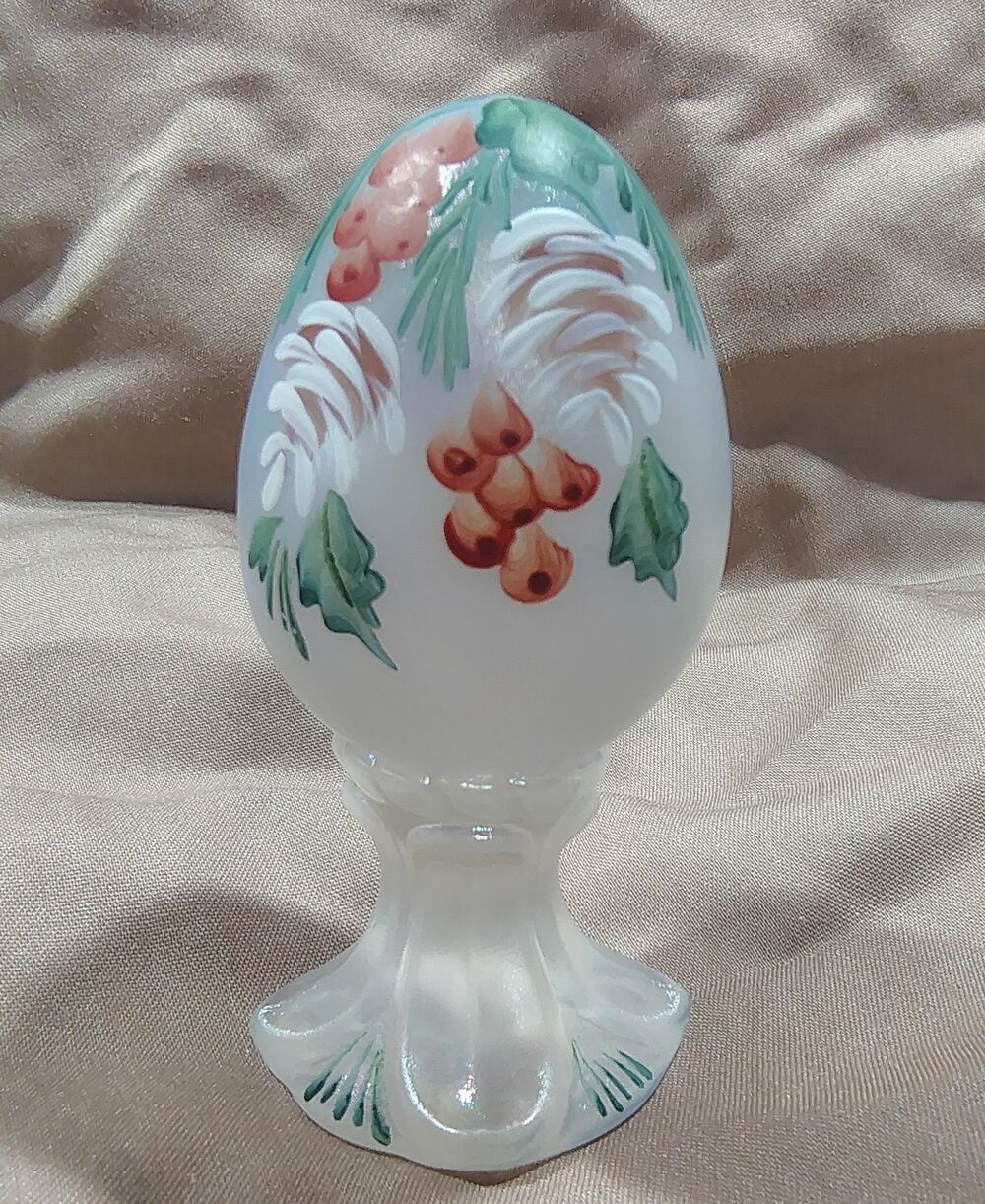 Fenton, Limited Edition, Hand Enameled, Satin White Iridescent, Egg on Stand